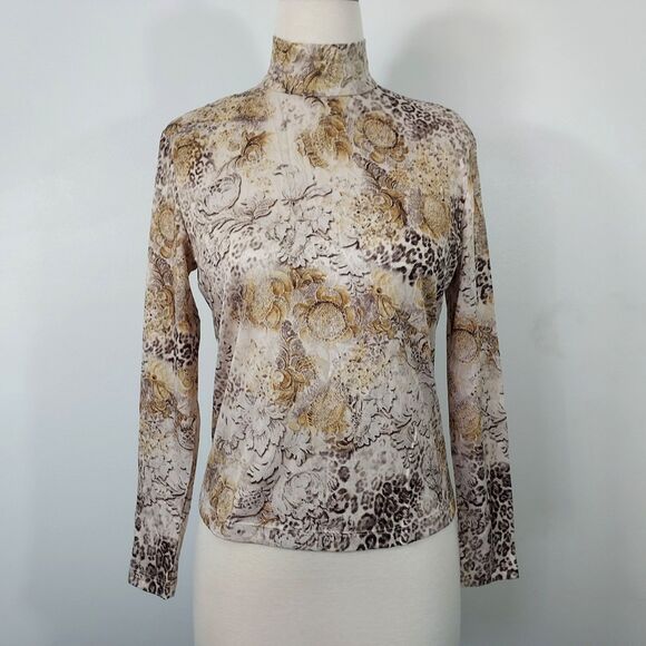 St John Collection Mock Neck Shirt Top Size 8 Long Sleeve Back Zip Mixed Print - Picture 2 of 13